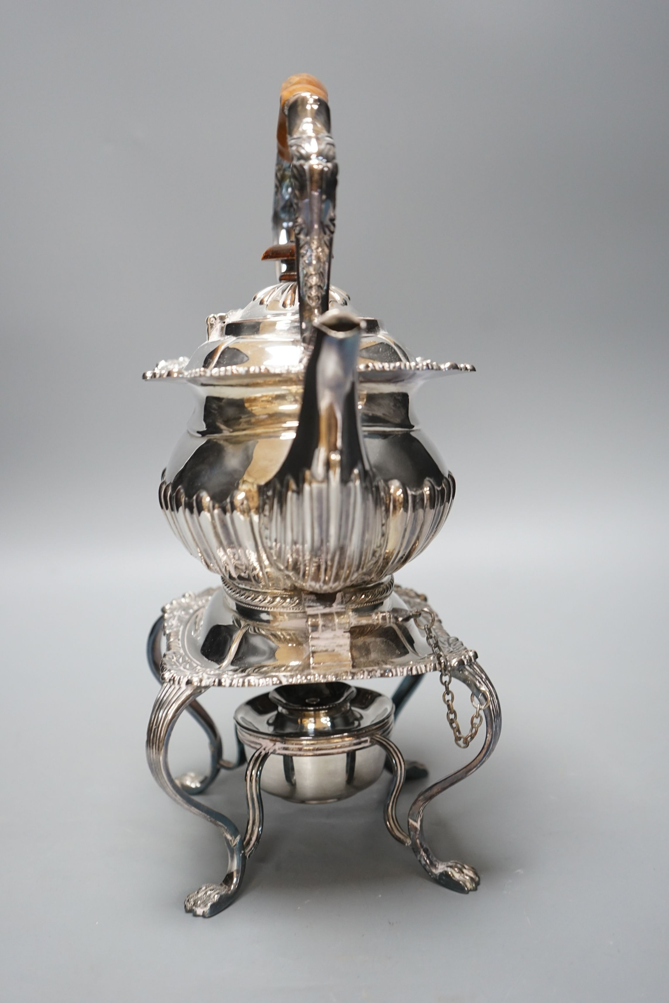 A silver plated kettle on stand, 35cms high